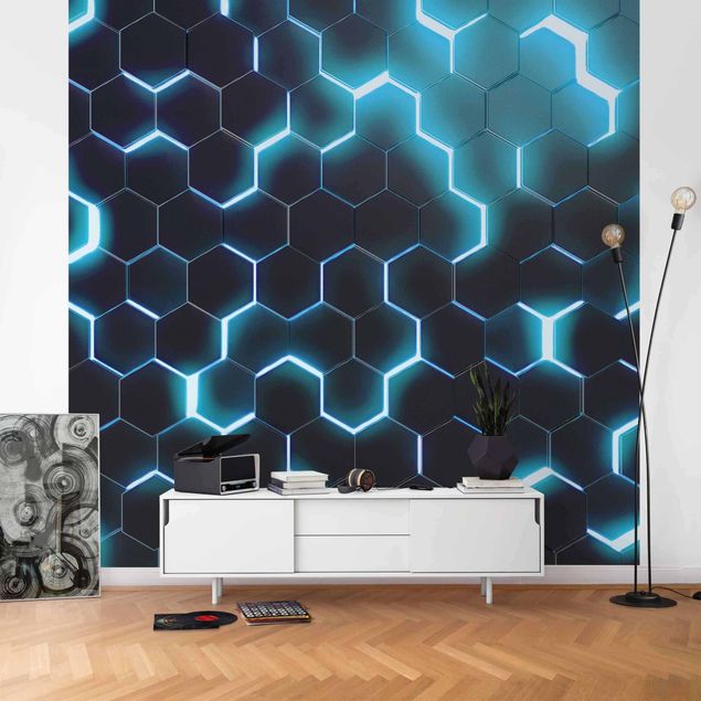 Papel pintado moderno Structured Hexagons With Neon Light In Turquoise