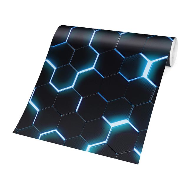 Papel pintado negro Structured Hexagons With Neon Light In Turquoise