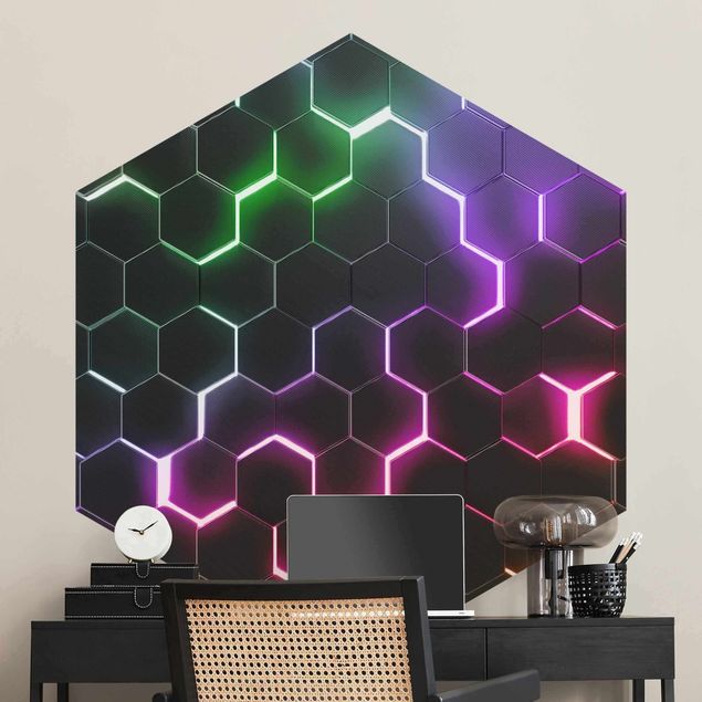 Papel pintado con patrones Hexagonal Pattern With Neon Light
