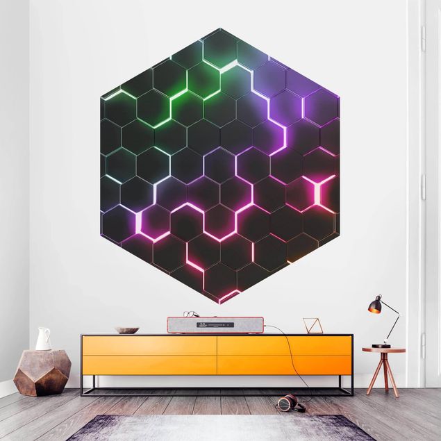 Papel pintado moderno Hexagonal Pattern With Neon Light