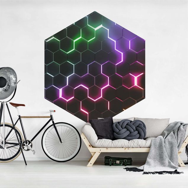 Papel pintado negro Hexagonal Pattern With Neon Light