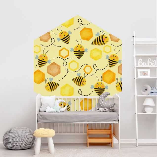 Papel pintado hexagonal Sweet Honey With Bees Illustration