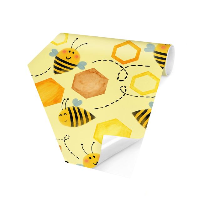Papel pared amarillo Sweet Honey With Bees Illustration