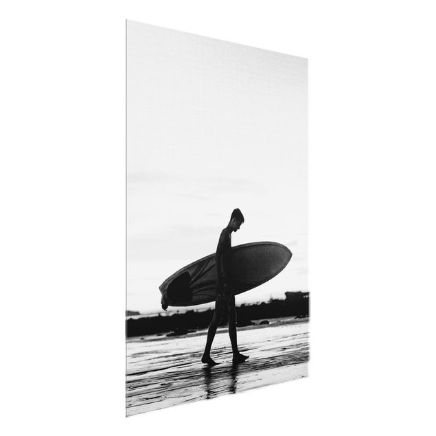 Cuadros de cristal blanco y negro Shadow Surfer Boy In Profile