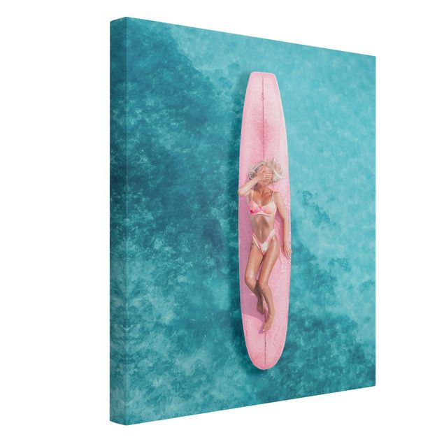 Lienzos de paisajes Surfer Girl With Pink Board