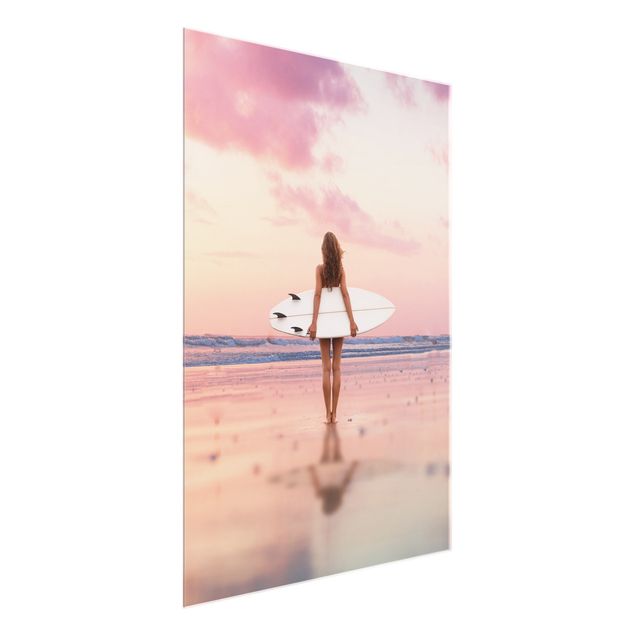 Cuadros de cristal paisajes Surfer Girl With Board At Sunset