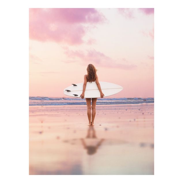 Cuadros de cristal playas Surfer Girl With Board At Sunset