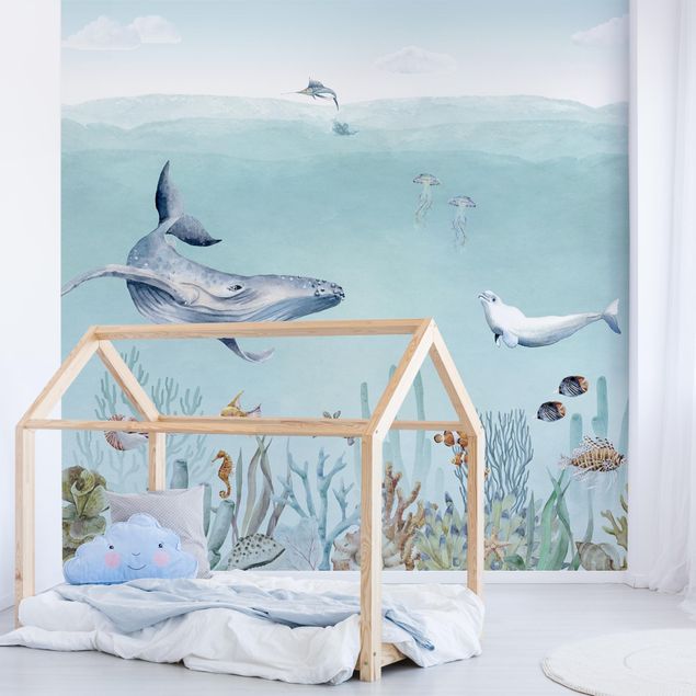 Papel pintado fondo marino infantil Dancing whales on the coral reef