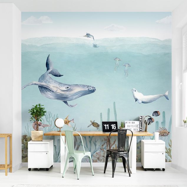 Papel pintado peces baño Dancing whales on the coral reef