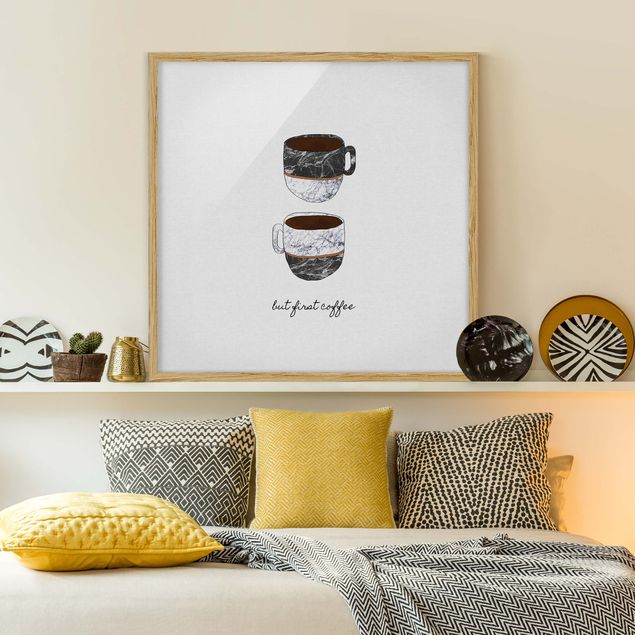 Pósters enmarcados en blanco y negro Coffee Mugs Quote But first Coffee