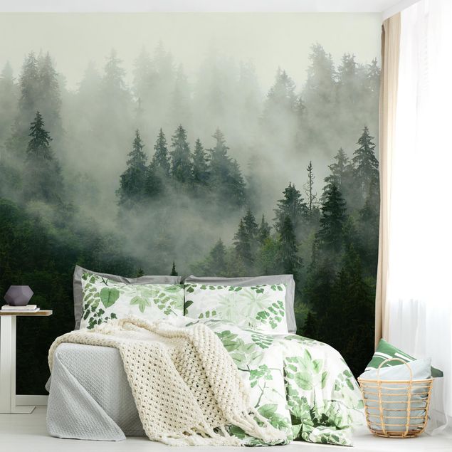 Papel pared paisaje Deep Green Fir Forest In The Fog