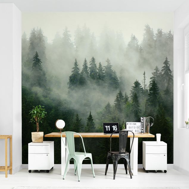 Papel pintado salón moderno Deep Green Fir Forest In The Fog