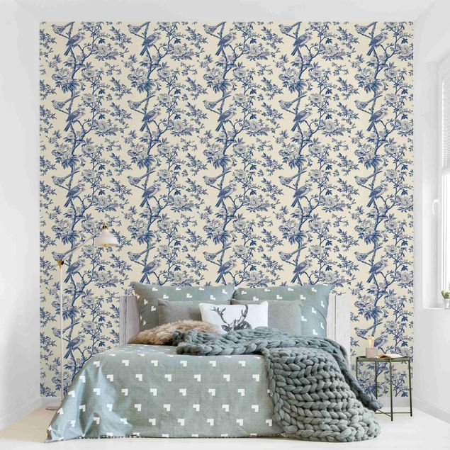 Papel pintado floral Toile Sparrows And Dog Roses