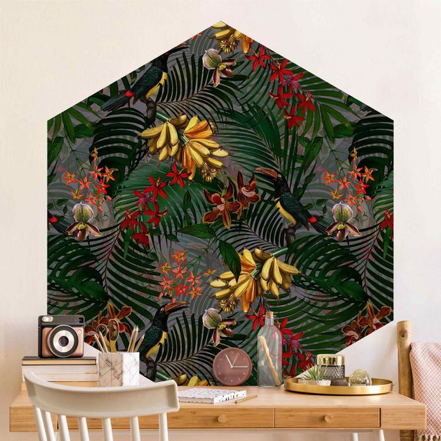 Papel pintado aves Tropical Ferns With Tucan Green