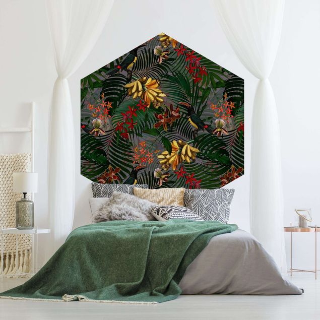 Papel pintado floral Tropical Ferns With Tucan Green