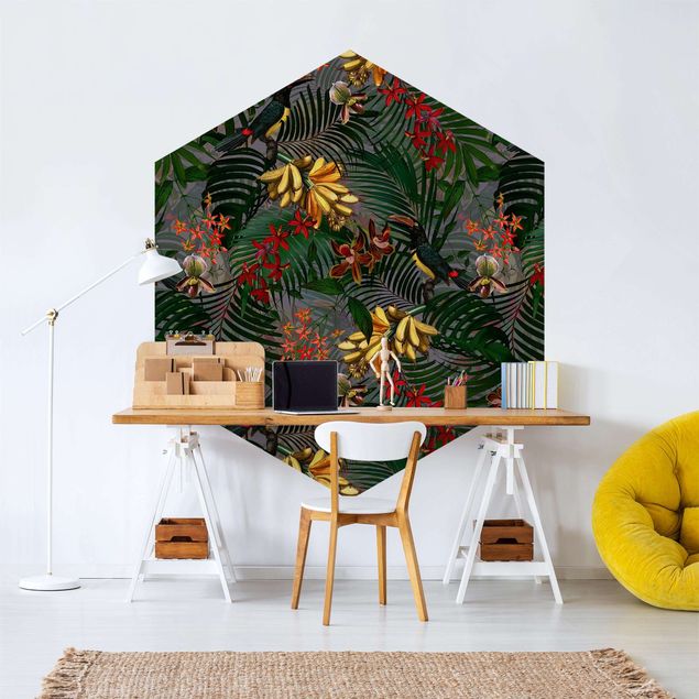 Papel pintado con patrones Tropical Ferns With Tucan Green