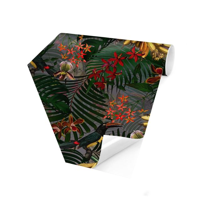 Papel pintado moderno Tropical Ferns With Tucan Green