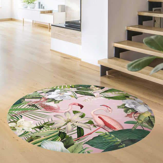 Alfombras modernas Tropical Flamingos With Plants In Pink