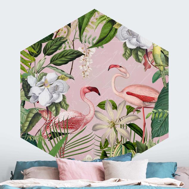 Decoración de cocinas Tropical Flamingos With Plants In Pink