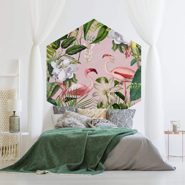Papel pintado floral Tropical Flamingos With Plants In Pink