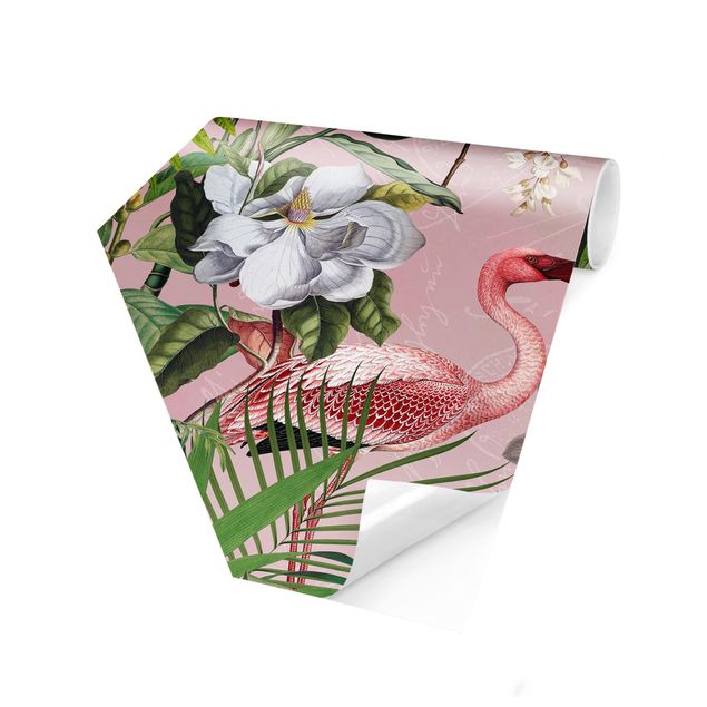Papel pintado moderno Tropical Flamingos With Plants In Pink