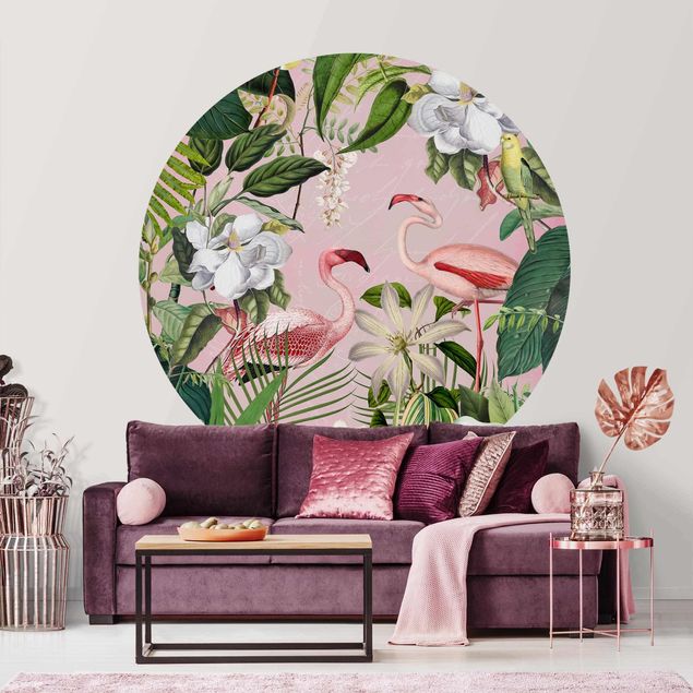 Papel pared flamencos Tropical Flamingos With Plants In Pink
