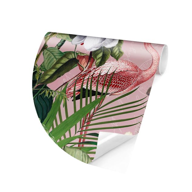 Papel pintado aves Tropical Flamingos With Plants In Pink