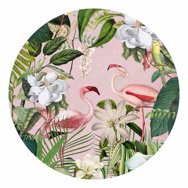 Papel pintado flores Tropical Flamingos With Plants In Pink