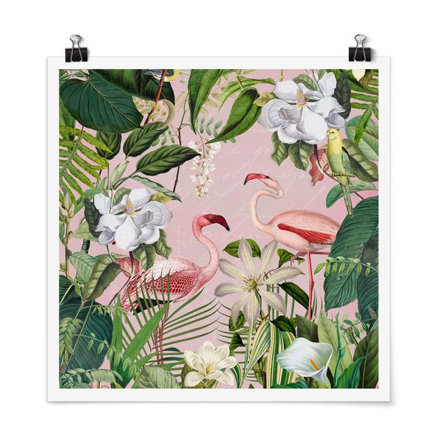 Póster de cuadros famosos Tropical Flamingos With Plants In Pink