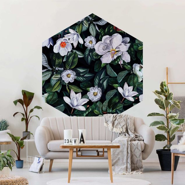 Papel pintado floral Tropical Night With White Flowers