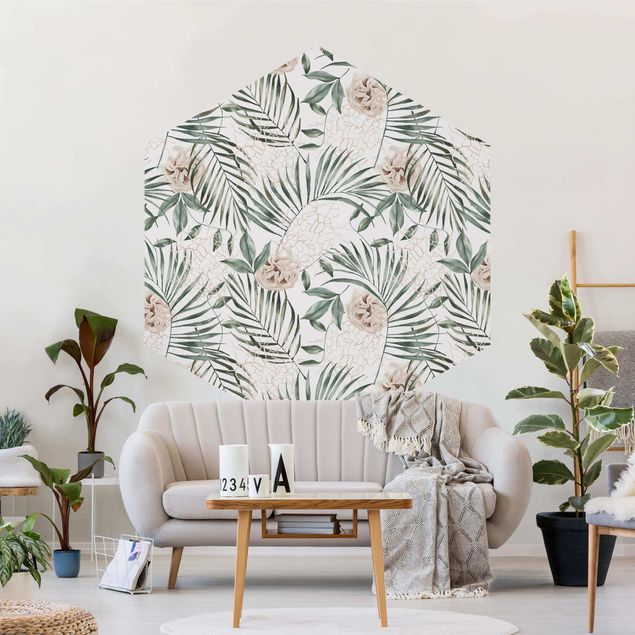 Papel pintado con patrones Tropical Palm Bows With Roses Watercolour
