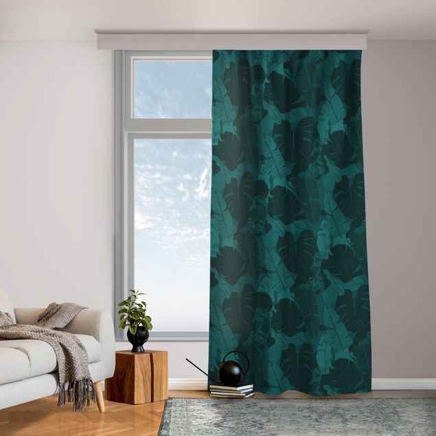 modernas cortinas salon Tropical Leaf Mix - Dark Jade Green