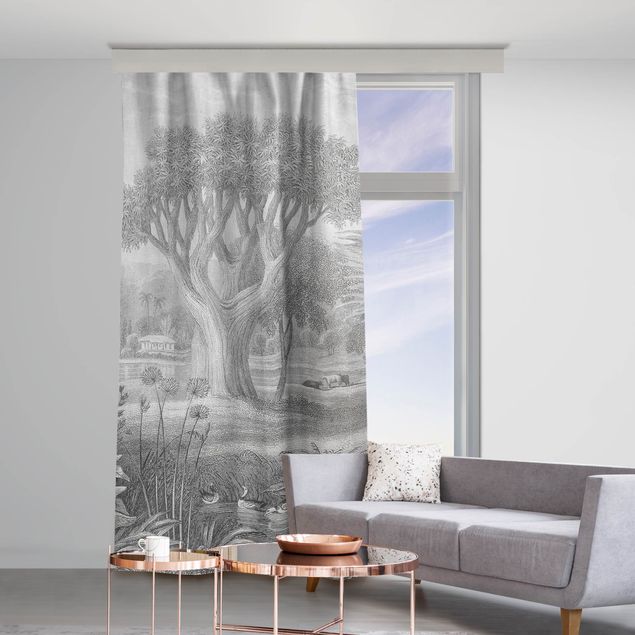 Cortinas modernas Tropical Copperplate Engraving Garden With Pond In Grey