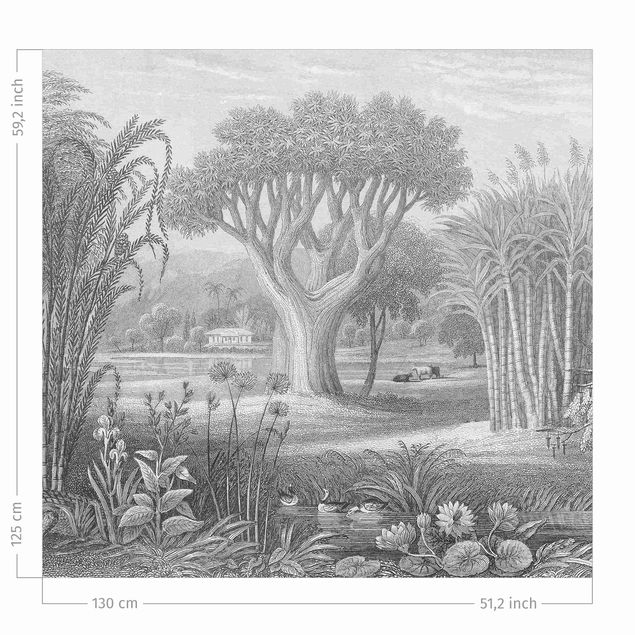 Cortinas a medida Tropical Copperplate Engraving Garden With Pond In Grey
