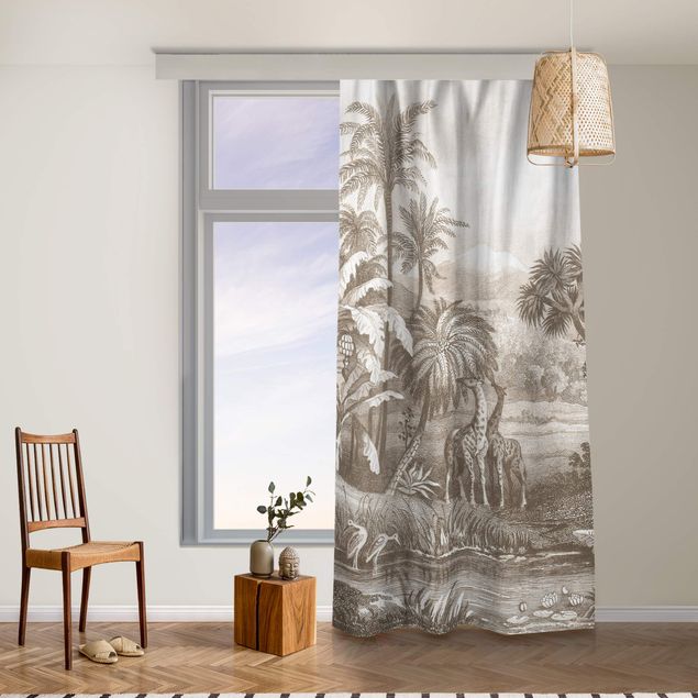 modernas cortinas salon Tropical Copperplate Engraving With Giraffes In Brown