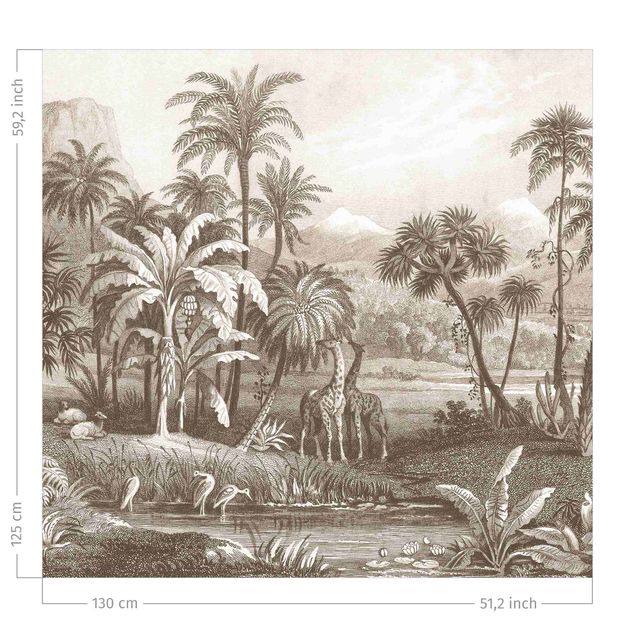cortina a medida Tropical Copperplate Engraving With Giraffes In Brown