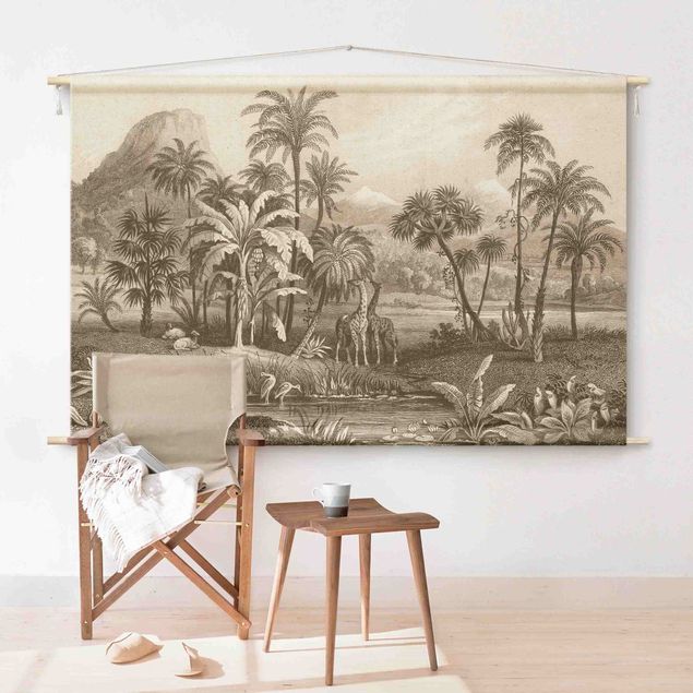 Tapices de pared modernos Tropical Copperplate Engraving With Giraffes In Brown