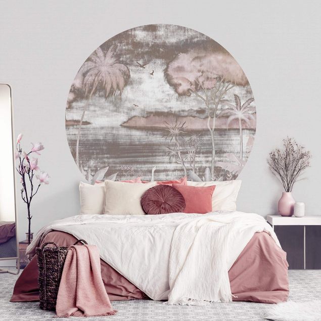 Papel pared vintage Tropical Lake in pink