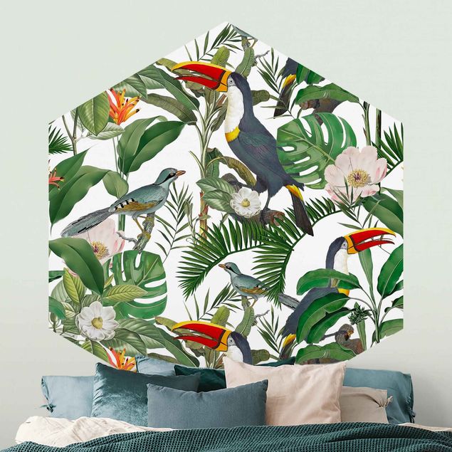 Papel pintado aves Tropical Toucan With Monstera And Palm Leaves