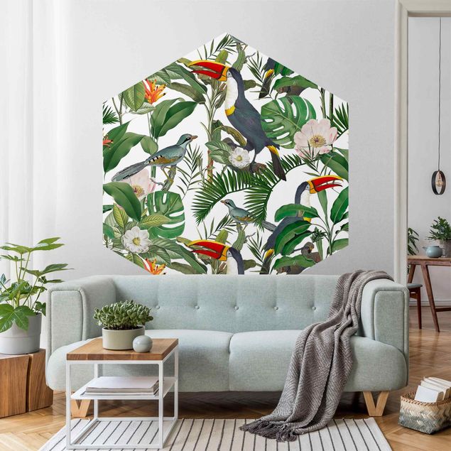 Papel pintado floral Tropical Toucan With Monstera And Palm Leaves