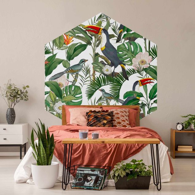 Papel pintado con patrones Tropical Toucan With Monstera And Palm Leaves