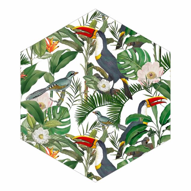 Papel pintado verde Tropical Toucan With Monstera And Palm Leaves