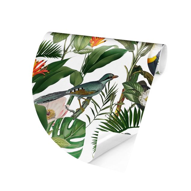 Papel pared flores Tropical Toucan With Monstera And Palm Leaves