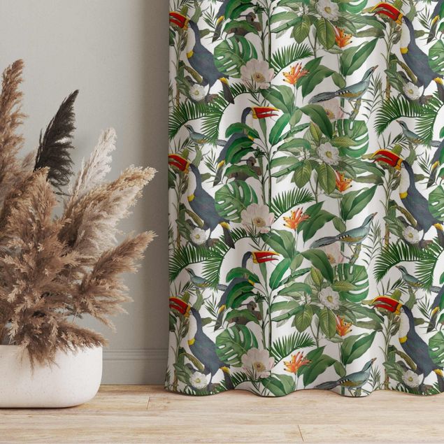 cortinas para sala modernas Tropical Toucan With Monstera And Palm Leaves