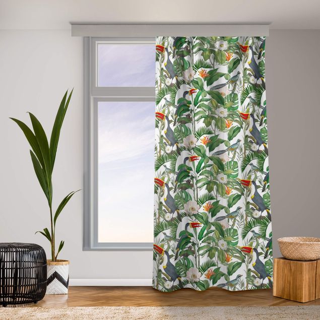 Cortinas con patrones Tropical Toucan With Monstera And Palm Leaves