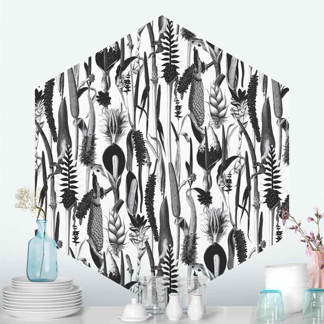 Papel pintado flores Tropical Luxury Pattern Black And White