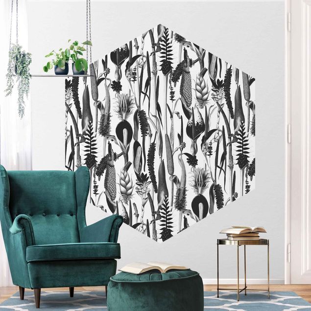 Papel pintado con patrones Tropical Luxury Pattern Black And White