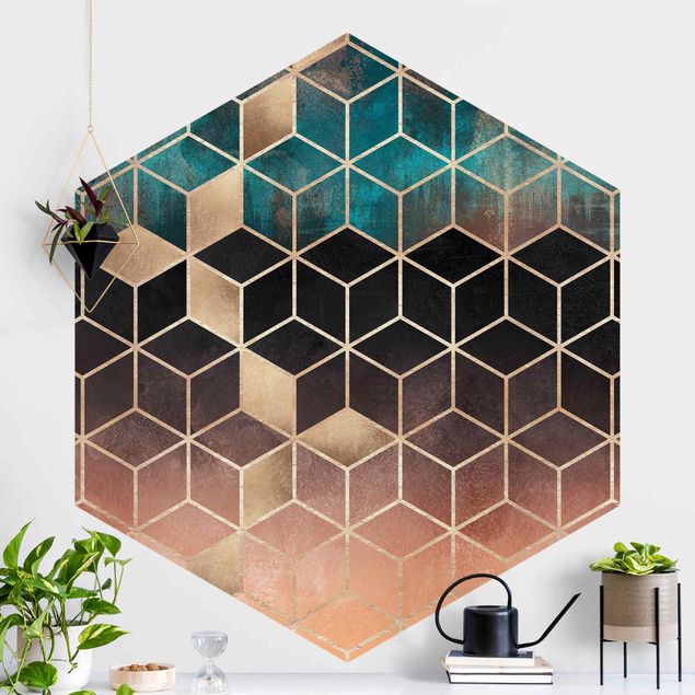 Papel pared geométrico Turquoise Rosé Golden Geometry