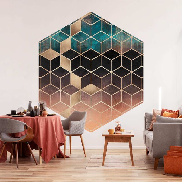 Papel 3d para pared Turquoise Rosé Golden Geometry