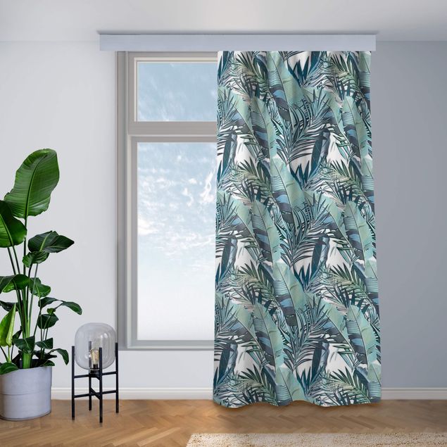modernas cortinas salon Turquoise Leaves Jungle Pattern